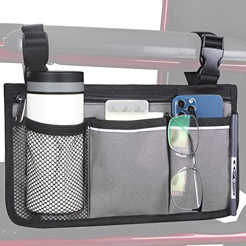HSGEZUOQI Wheelchair Side Bag, Armrest Storage Pouch with Cup Holder and Reflective Strip Use of Waterproof Fabric for Most Wheelchairs, Walkers or Rollators (Grey)