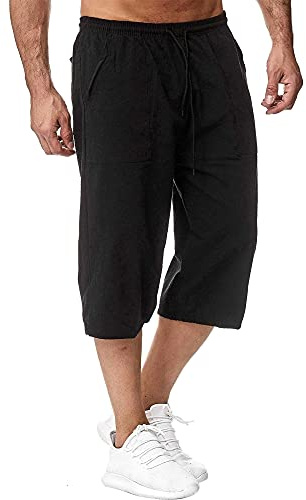 Sprifloral Mens Linen Shorts 3/4 Length Pants with Pockets Drawstring | Lightweight,Comfortable,Loose Fit,Casual Summer Trousers,Beach Vacation Shorts,Yoga Joggers,S-5XL