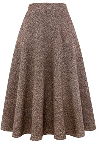 Ylingjun Long Plaid Wool Skirt for Womens Winter Fall Warm High Elastic Waist A line Flared Pleated Wool Tartan Skirts (Dark Khaki, L)