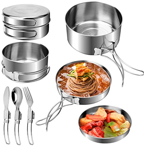 9Pezzi Set di Pentole da Campeggio Acciaio Inox con Manico Pieghevole Posate Pentola, Impilabili Pentola da Campeggio con Pentole e Padelle, Coltelli, Forchette e Cucchiai e Sacchetti per Riporli