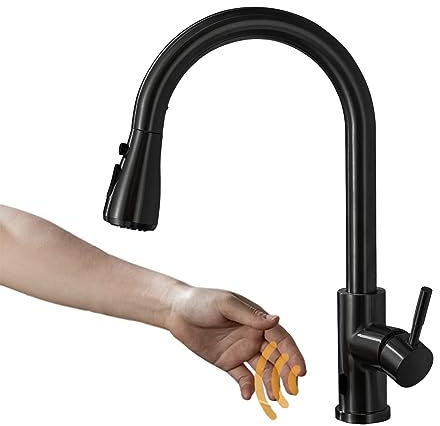 Black Touchless Infrared Sensor Kitchen Faucet with Pull Down Sprayer - Stainless Steel Single Handle Motion Sensor