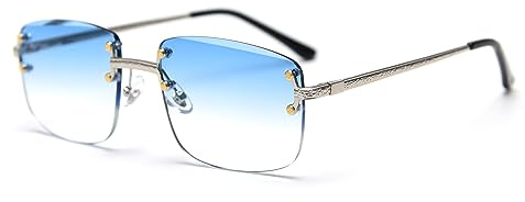 Kachawoo Lunettes de Soleil Dégradées Rimless pour Femme et Homme - Rétro Carré Sans Cadre - Parasol Mode Luxe - Argenté avec Bleu