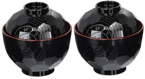 Yeory Bols japonais traditionnels bols de soupe miso riz léger avec couvercle noir et couleur rouge 2pcs, bols ramen