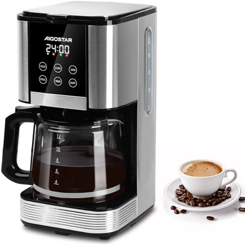 Aigostar - Cafetière filtre Programmable 24h, Capacité 1,5L, Écran LCD, Cafetiere electrique 14 tasses, acier inoxydable, 1000W, Réglage intensité, Anti-goutte, AutoClean, Maintien au chaud, Noir