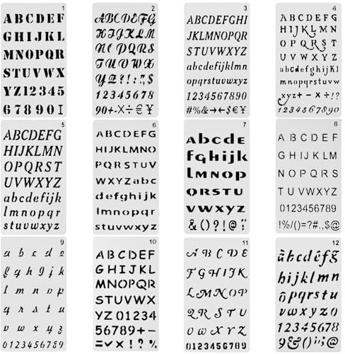 12 Stück Buchstaben Schablone, Wiederverwendbare Zahlen Schablonen,Vintage Alphabet-Zahlenschablonen,Kunststoff Buchstaben Schablone für DIY Scrapbook Malerei Holz Wand Papier(17.8 * 10.2cm)