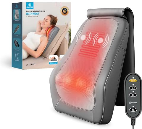 COMFIER Massaggiatore cervical con calore, Massaggiatore Shiatsu, Massaggiatore per la schiena con impastamento 4D, Sollievo dai dolori muscolari per collo, schiena, Regali per uomini, donne (Grigio)