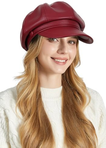 Ausing Berretto in Pelle da Donna Cappello Pelle Ecopelle Rosso Cappellino Francese Basco Newsboy Berretti Ottagonale Artista Pittore Cappelli Baker Boy Moda Casual Vintage Printemps Autunno Inverno