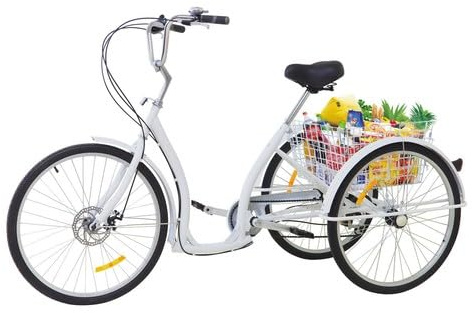 PromiseFly 26 pollici triciclo per adulti 6 marce 3 ruote biciclette con cestino fino a 120kg bianco triciclo bicicletta per città spiagge piste ciclabili e tutti i tipi di strade