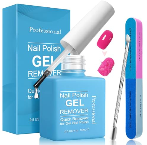 Solvente per Smalto Set, 15ML Nail Gel Remover, con Spingi Cuticole e Lima per Unghie, Rimuovi Smalto Gel e Shellac in 3-5 Minuti, Facilmente e Rapidamente