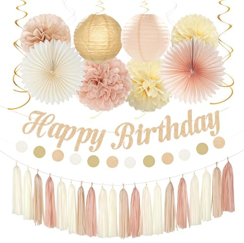 CHarmeFleur Champagne Gold Beige 21° Compleanno Party Decor 31 Pezzi Dolce 16 18 Donne Ragazze Lanterne di Carta Ghirlande Stendardi Carta Velina Pompon Ventagli Frange