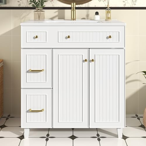 Mielvu Armario de baño con lavabo, 81,7 cm, armario de baño de pie con tocador de cerámica, superficie lacada, espacio de almacenamiento multifuncional y patas de madera maciza en diseño moderno de
