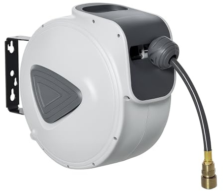 DURHAND Carrete de Manguera de Aire Comprimido Automático de 20 m Conector de 1/4'' BSP con Soporte para Pared Giratorio 180° Diámetro Interno 3/8'' (9,5x15 mm) Gris