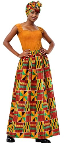 Falda africana de mujer maxi falda con estampado africano Ropa tradicional falda midi mujer falda plisada de línea Boho falda de verano ligera y aireada Faldas con estampado floral, O Orange, S