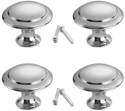 4 Pcs Door Knobs for Cupboards, Round Polished Chrome Cupboard Knobs 30mm, Silver Drawer Knobs for Wardrobes and Furniture, Modern Style Kitchen Cabinet Hardware Accessories