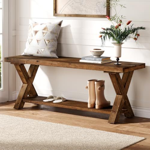 TRIBEWOOD 110cm Solid Wood Bench, Farmhouse Wooden Hallway Bench with Storage Shelf, X-Shaped Legs, Entrance Shoe Bench for Kitchen, Bedroom, Living Room, Rustic Brown