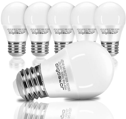 Aigostar - LED Lampadina E27 A5 G45 4.9W (Equivalenti a 37W), Luce Calda 3000K, 420 Lumen, Angolo di Raggio 180°, Pacco da 5