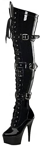 Botas Altas hasta el Muslo de PU de Charol para Mujer con Cremallera Lateral 15CM Stiletto tacón Alto Botas por Encima de la Rodilla Sexy Stripper Club Zapatos de Fiesta,Negro,36 EU