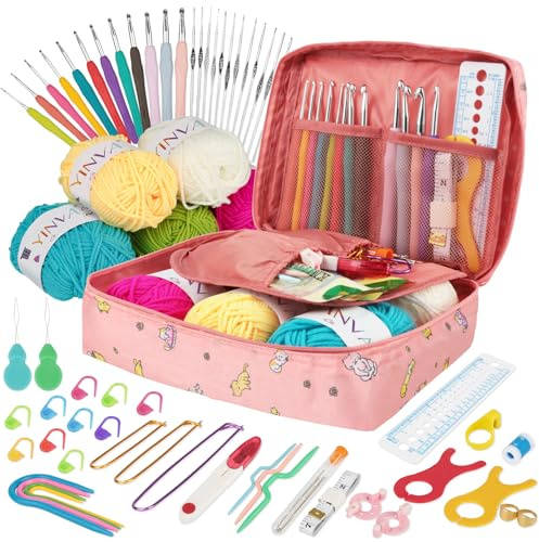 YINVA Crochet Hooks Set for Beginners Adults Crochet Kits Knitting Kit Ergonomic Metal Crochet Hooks Knitting Accessories Tools Crochet Wool Yarn Storage Case Needles Crochet Starter Kit