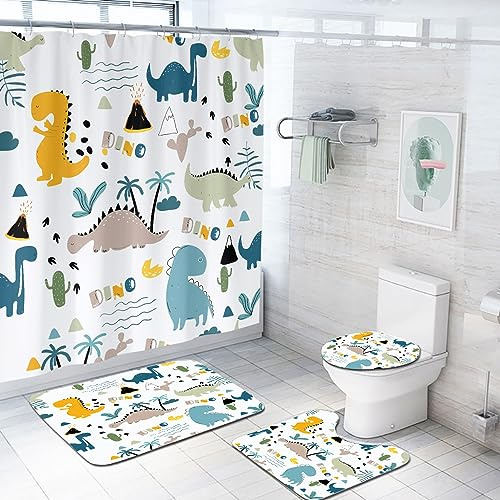 Coxila Kids Dinosaur Shower Curtain Set Funny Fun Dino Boys Toddler Cute Cartoon Children Anime Animal Toilet Lid Cover U Shaped Bath Mat 4 Pcs Decor Bathroom Non-Slip Rug Fabric Polyester 60x72 Inch