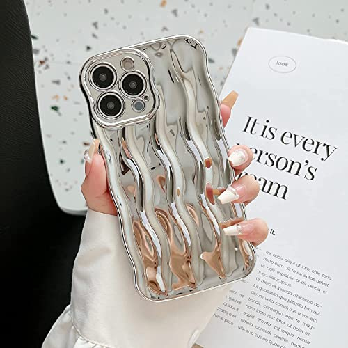 EYZUTAK 3D Water Ripple Pattern Case for iPhone 15 Pro Max 6.7 inch, Solid Color Cute Curly Waves Frame Shape Phone Case Glossy Shockproof Soft TPU Anti-scratch Phone Cover Slim Bumper Case - Silver