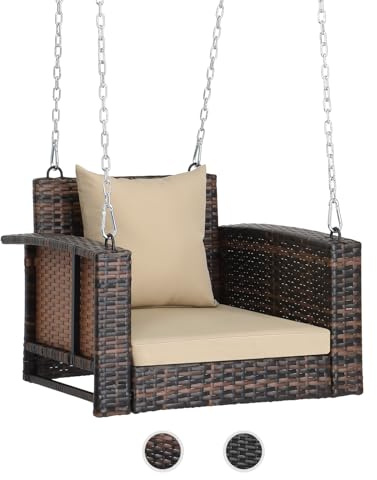 VINGLI 2.2 FT 1-Person Use Rattan Porch Swing Outdoor Support 440 LBS with Cushions & Adjustable Chains, Patio Wicker Swing Bench Chair for Garden, Yard, Lawn, Tree, Brown