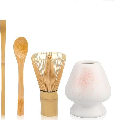 5-teiliges Matcha Set mit Besenhalter – Traditionelles Matcha Tee Set mit Matcha Besen Sieb & 2 Bambuslöffeln – Japanisches Matcha Zubehör für Teezeremonien (Weiß)
