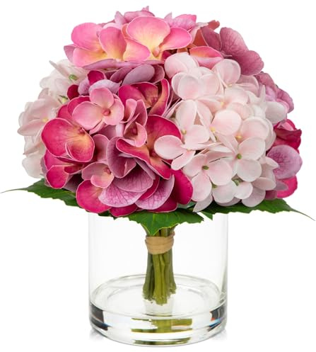 Oairse Flores artificiales hortensias en jarrón de cristal con agua artificial transparente flores de hortensias artificiales impresión 3D Real Touch Flores artificiales como hortensias reales para