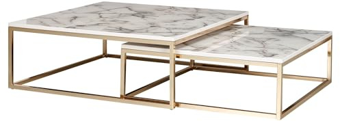 FineBuy Design Couchtisch 2er Set Weiß Marmor Optik Eckig, Couchtische 2-teilig Tischgestell Metall Gold, Edle Wohnzimmertische, Moderne Satztische
