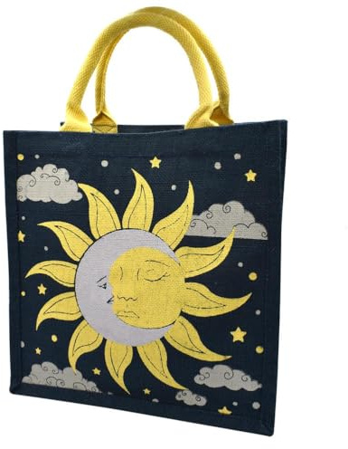 Shared Earth Jute Shopping Bag with Sun and Moon Design, 30 x 30 x 20 cm, Natural