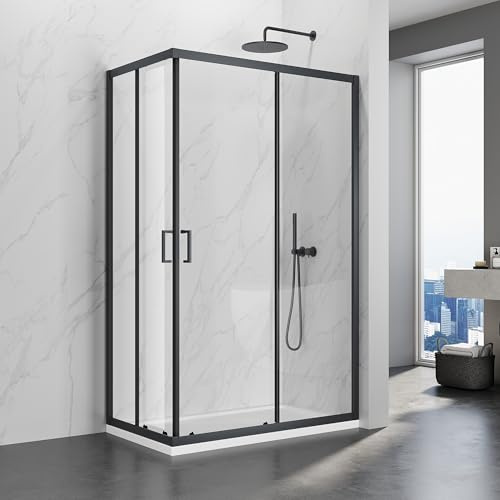 SIRHONA Cabina doccia 70x120x195 cm scorrevole a doppia apertura, nero, porta doccia in vetro a due pannelli fissi con vetro trasparente da 5 mm, regolabile su un lato 20 mm