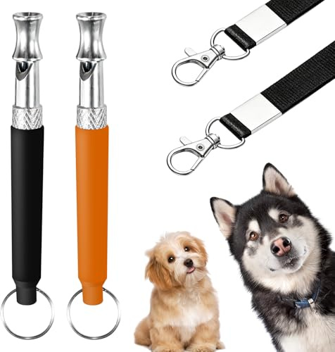 Irilatrue 2 Pack Dog Whistle Set, Adjustable Ultrasonic Silent Dog Training Whistle with Lanyard for Stop Barking & Recall (Black & Orange)​