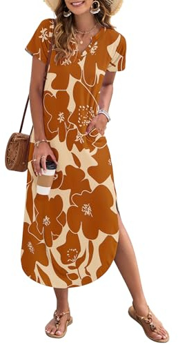 AUSELILY Women's Summer Casual Dress with Pockets V Neck | Ladies Long Summer Dresses uk,Short sleeve,Daily wear,Party,Beach,Holiday,Comfortable fabric,Polyester,Spandex