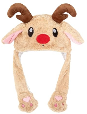 Chapeau de Noël avec oreilles mobiles - Bonnet gonflable de Noël en peluche avec oreilles de renne - Chapeau d'animal sautant avec écharpe, pour l'hiver pour enfants, garçons et filles