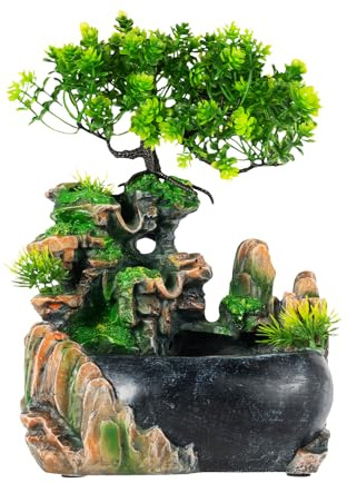 Zimmerbrunnen Stein Cascades mit LED Beleuchtung, Tisch Springbrunnen aus ungiftigem Harz, farbwechselnde Lichteffekte, verstellbare Wasserpumpe, kompaktes Tischdekor für Büro, Wohnzimmer (Typ 1)