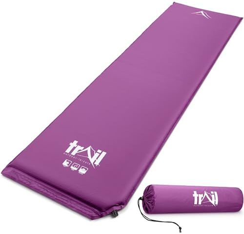 Trail Self Inflating Camping Mat 3cm Thick Single Sleeping Pad Lightweight With Bag (Purple)