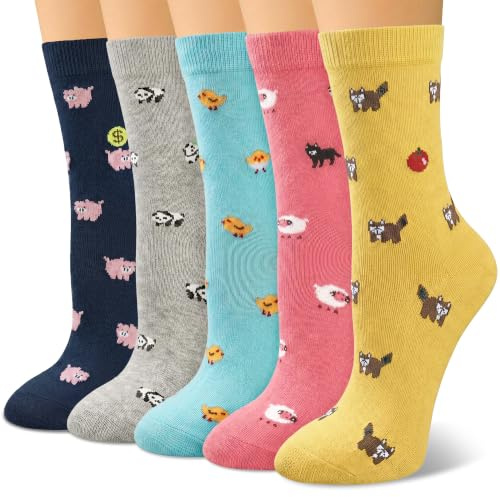 Chalier Cozy Women’s Novelty Animal Pattern Crew Socks 5 Pairs UK 4-8 | Soft Breathable Cotton Cute Dog Prints Comfortable Daily Wear for Ladies Holiday Birthday Gift