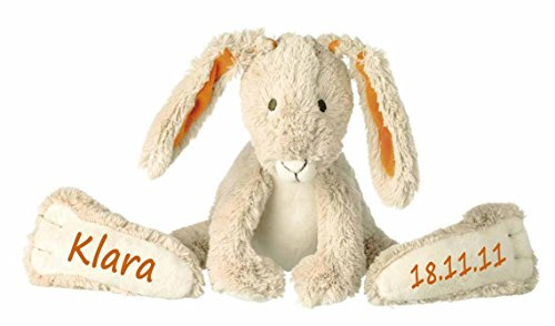 Elefantasie Stofftier Hase mit großen Füßchen mit Namen und Geburtsdatum personalisiert Geschenk beige orange 31cm