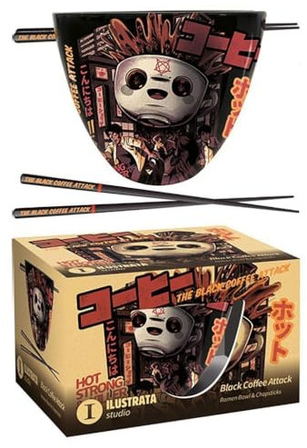 Pyramid International Ilustrata Ramen Bowl Set with Chopsticks (Black Coffee Design) in Presentation Gift Box - Official Merchandise