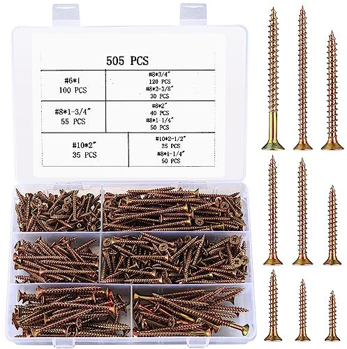 505 Stk Selbstschneidende Holzschrauben Set, Kreuzschlitzschrauben, Flachkopfschrauben Blechschrauben, Messing Kreuz Flachkopf Trockenbauschrauben für Holz Reparaturen - M3, M4, M5