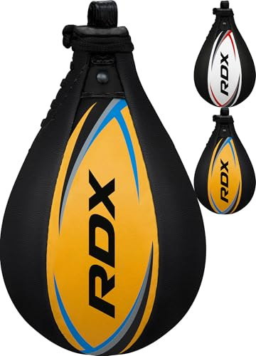 RDX Boxing Speed Bag, Genuine Leather Speedball MMA Muay Thai Dodge Ball Training Striking Kit, Wall Mount Hanging Swivel Speed Ball Punch Bag Workout Platform Martial (Black, Without Swivel)
