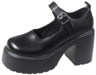 BKYWJTR6 Scarpe da donna con plateau, punta tonda, tacco alto, cinturino con fibbia, Mary Jane, scarpe da donna con tacco gotico, scarpe da festa per donne, Nero opaco, 35.5 EU