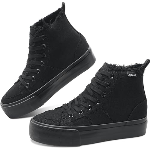 Obtaom High Top Platform Sneakers Women Mid Calf Play Canvas Shoes Washed Platform Skate Skateboard Shoe Casual Canvas Fashion Sneakers(Black Mono,US9)