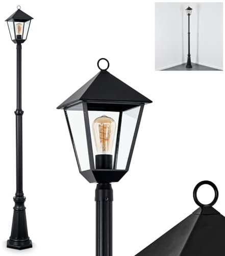 Außenwegeleuchte Anfei, Wegeleuchte aus Metall/Glas in Schwarz/Klar, Kandelaber in antikem Look, Höhe max. 230 cm, Landhaus Gartenbeleuchtung IP44, 1 x E27, ohne Leuchtmittel