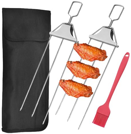 TYVOM 2 st 3-vägs grillspett, 3-polig BBQ-spett i rostfritt stål 3-spetsar kabobspett med borste och förvaringsväska 3-vägs kabobspett för utomhusgrill lättanvänd skjutreglage med tryckstång