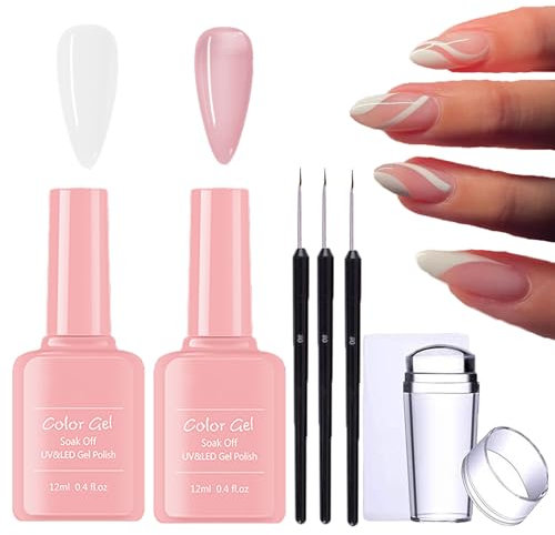 French Manicure Kit Pink White Gel Nail Polish Set for French Manicure, 2Pcs Jelly Gel Polish Set for French Tips with Nail Stamper & Nail Art Brushes, Soak Off UV/LED, Nail Polish Set for Women Girl