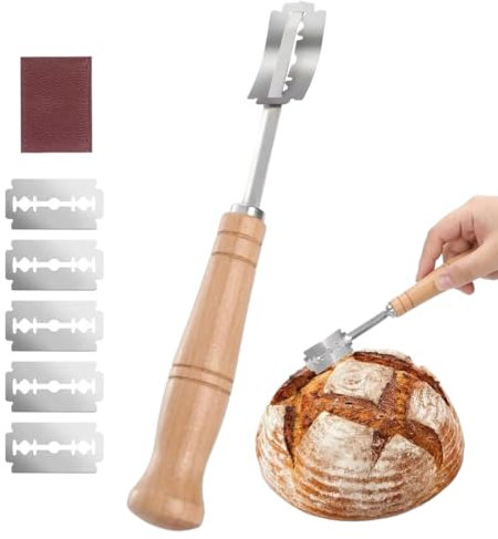 QEQSHQO Taglierino per pane Lama pane coltello da pane con 5 Lamette acciaio Inossidabile Maniglia in legno bread lame per DIY Impasto Intagliare modelli di pane crudo