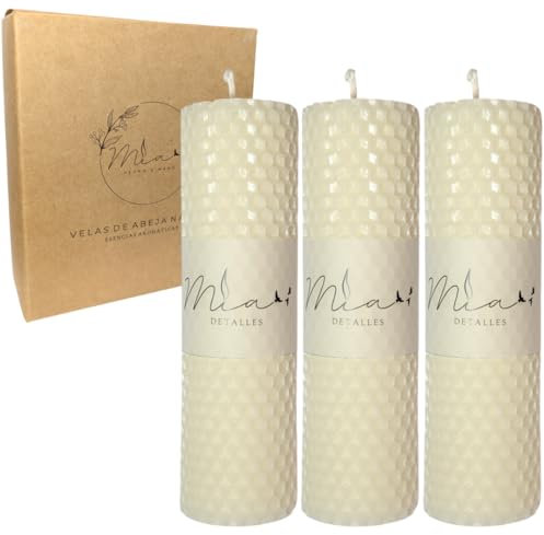 Set de Velas Aromáticas Artesanales 100% Cera de Abeja Natural - Duración de 21 horas Velas de Pilar sin Humo (14 x 4cm, Algodón)