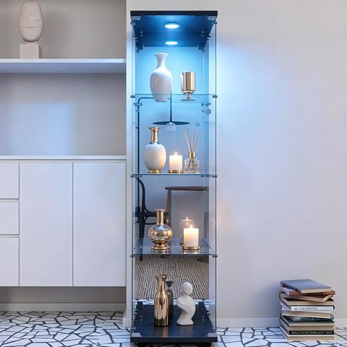 DADEA Vetrina con Specchio, Vetrinetta in Vetro 4 Ripiani 1 Porte, 42,5×36,5×164 cm, Vetrine in Vetro a Specchio Vetrina Colonna Espositiva Colonna Vetrinetta Casco con LED Vetrinette Espositive