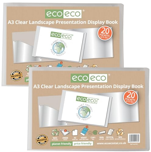 eco-eco Eco176x2 - Raccoglitore per presentazioni, formato A3, 50% riciclato, 20 tasche, trasparente, con buste in plastica, confezione da 2