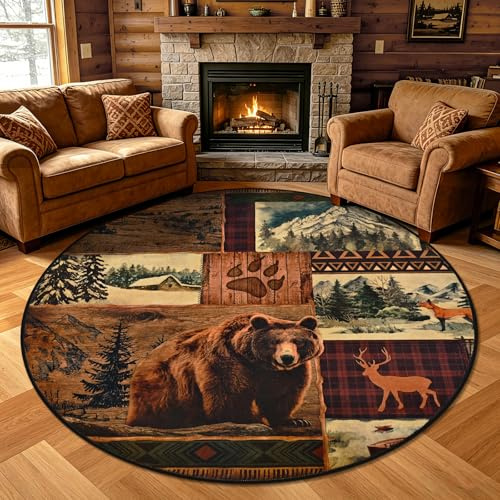 ASPMIZ 4ft Round Rustic Area Rug Non-Slip Washable — Buffalo Plaid Log Cabin Bear Deer Fox Design, Vintage Soft Faux Wool Circular Carpet Rugs for Living Room Nursery Under Table